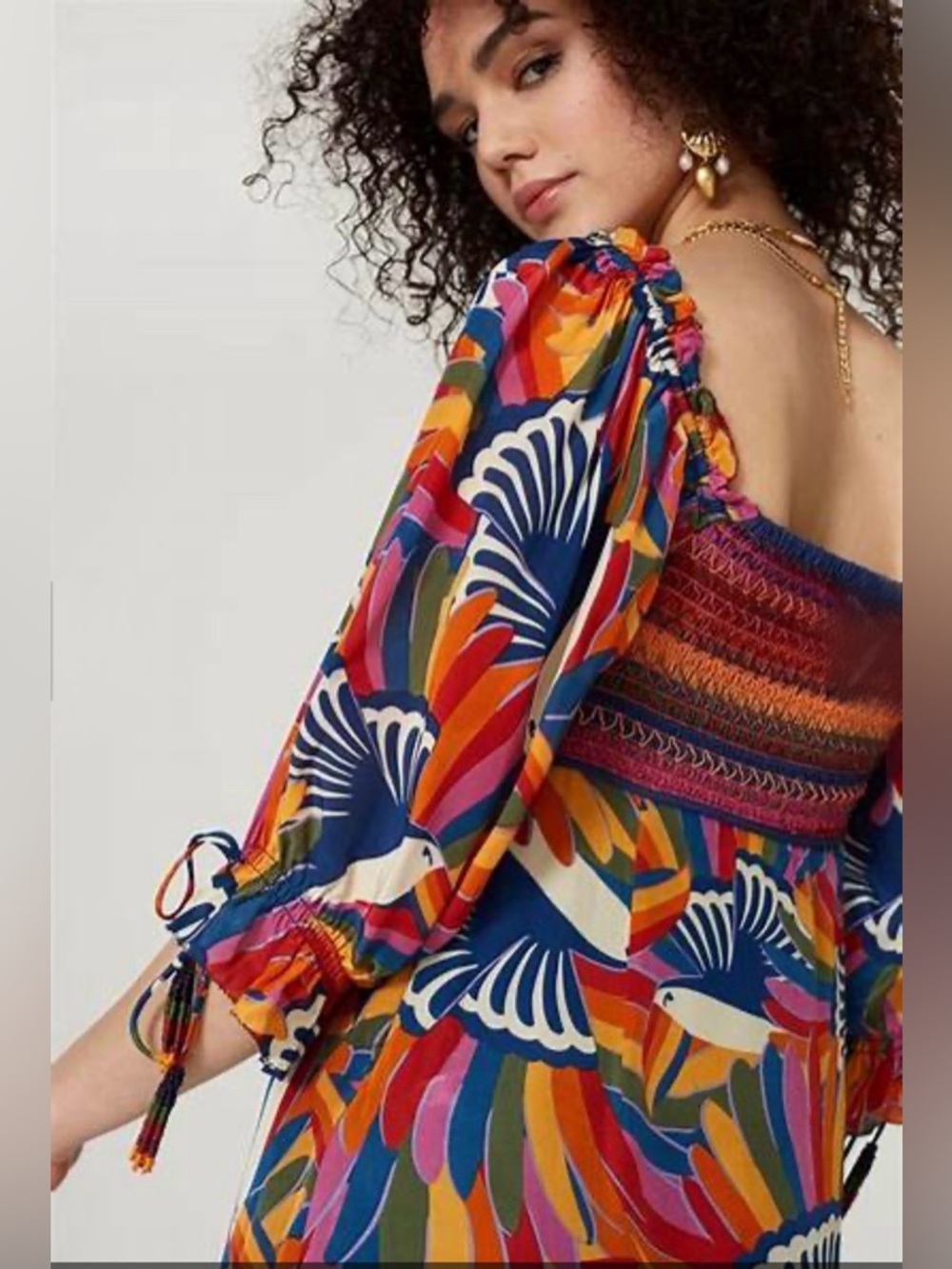 FARM RIO Rainbow Toucans Smocked Maxi Dress
